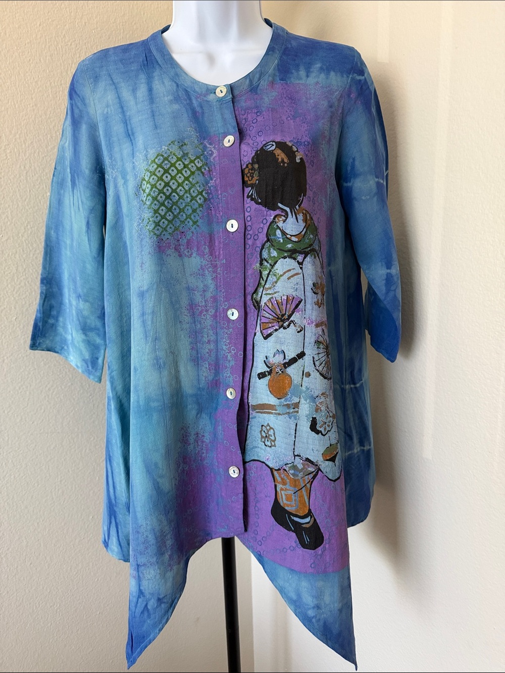 Citron Silk Button Down Tunic with Purple Accents
